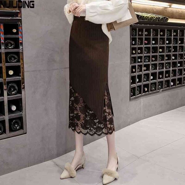 

nijiuidng autumn knitting asymmetry nylon skirts ladies vintage patchwork lace high waist a-line mid calf female 210514, Black