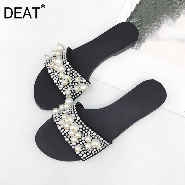 

slippers [deat] 2021 spring summer round toe shallow string pearls casual outdoor flat women shoes fashion tide 10i561, Black