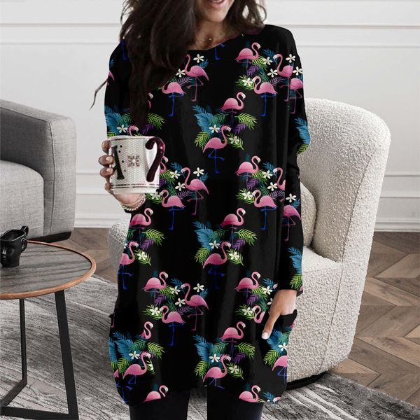 

harajuku fashion flamingo series casual print spring and autumn long pocket t-shirt female elements round neck loose comfortable homewear, Black;gray
