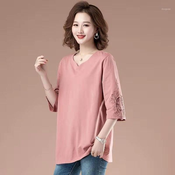 

arrival summer korean style women half sleeve embroidery lace patchwork t shirt loose casual v-neck t-shirt plus size w173 women's, White