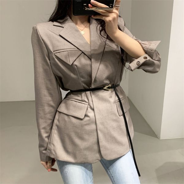 

autumn blazers women coat korean work wear formal slim elegant ol suit collar jacket female outerwear with belt 210514, White;black