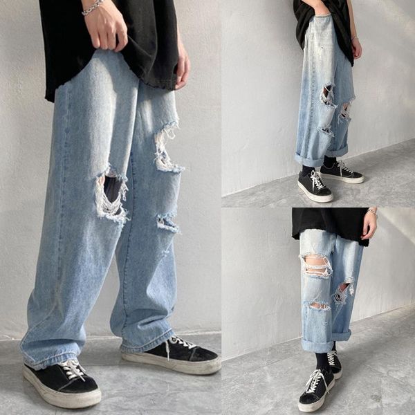 

men's jeans punk ripped hole fashion loose street style wide leg trousers male mens pants streetwear designer wear, Blue