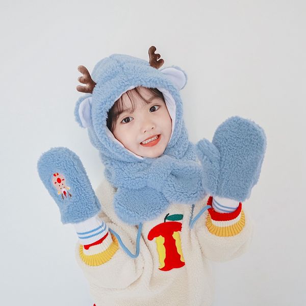 

christmas gift set children's elk plush ear cap one-piece scarf hat hanging neck glove set, Blue;gray