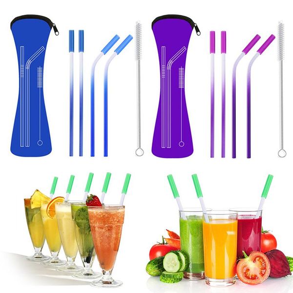 

drinking straws stainless steel gradient color straw with anti-scratch silicone head metal reusable eco-friendly party bar supply