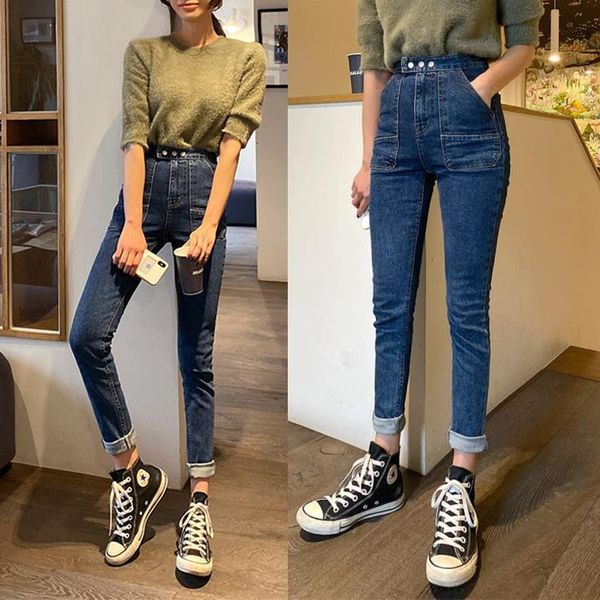 

blue for women with high waist buttons ladies pockets thin jeans stretch out pencil femme 2021 pants