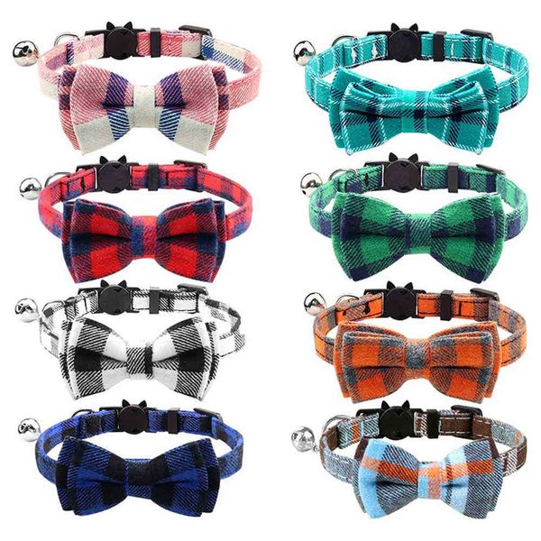 

Cute Bowtie Cat Collar Breakaway With Bell Plaid Set For Kitty Puppy Adjustable Safety Collars 7.8-10.2 24 Color Wholesale L