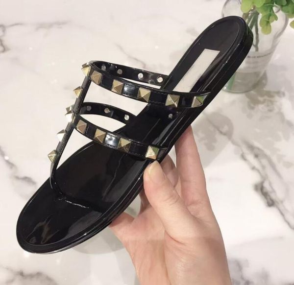 

designers ladies sandals rivet bow knot flat slippers sandal studded girl shoes slides lady flip flops with box 35-40, Black