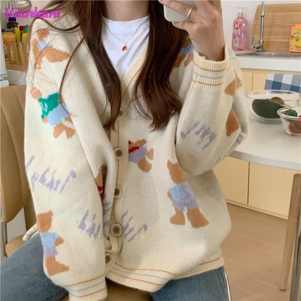 

women's knits & tees women cartoon cardigan jacquard sweater autumn winter korean v-neck outwear preppy female cardigans 2021 oversized, White