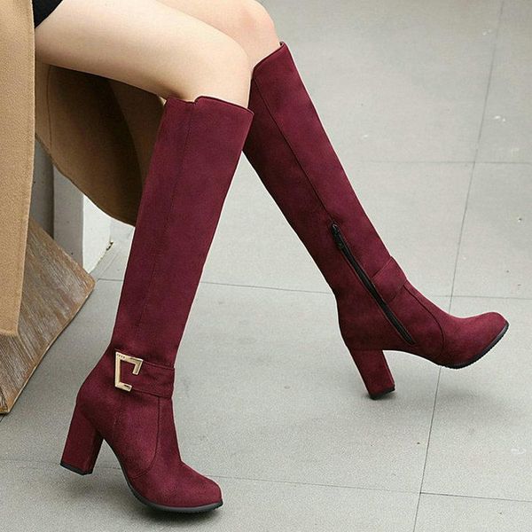 

boots 2021 faux suede women knee high fashion buckle square heel autumn winter ladies shoes black blue wine red