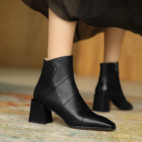 

boots retro square head high heel women's casual 2021 autumn fashion platform side zipper ankle, Black