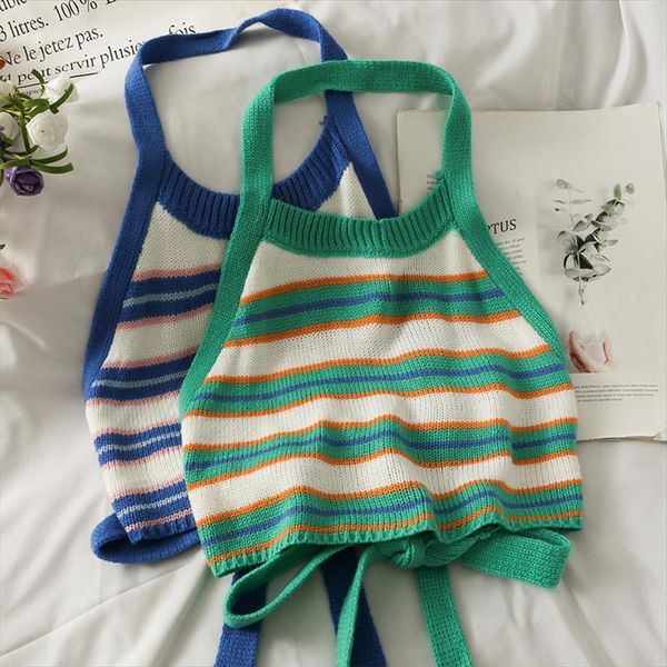 

stripes crop knitted halter women camis backless bandage y2k for summer, White