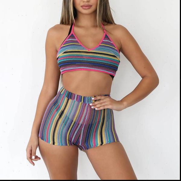 

rainbow striped crochet two 2 womens tracksuits piece sets halter backless bandage crop elastic waist shorts hollow out outfits, Gray