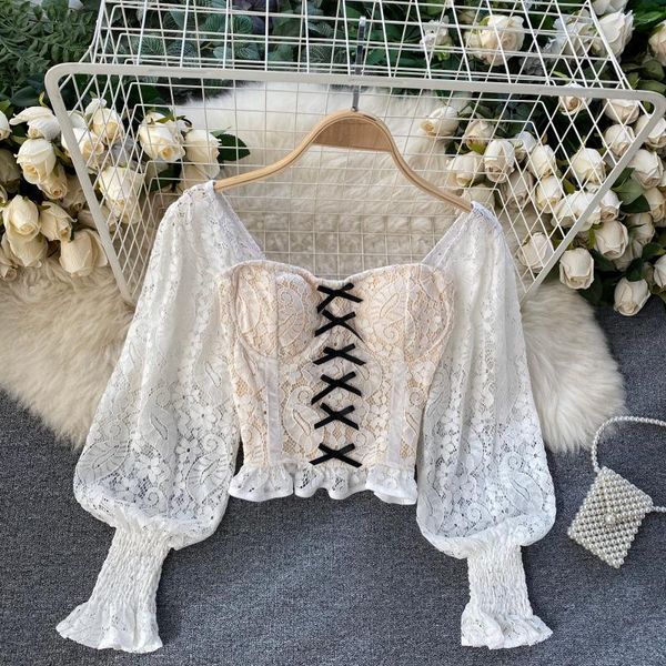 

women's t-shirt french puff sleeve lace shirt women sweet bowknot slim crop spring 2021, White