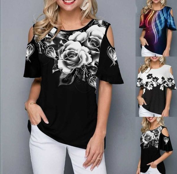 

2021 fashion off shoulder print round neck casual t-shirt, Red;black