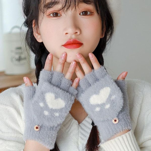 

five fingers gloves wool women winter furry thicken warm ladies knitted flip fingerless exposed finger mittens girls touchscreen glove, Blue;gray