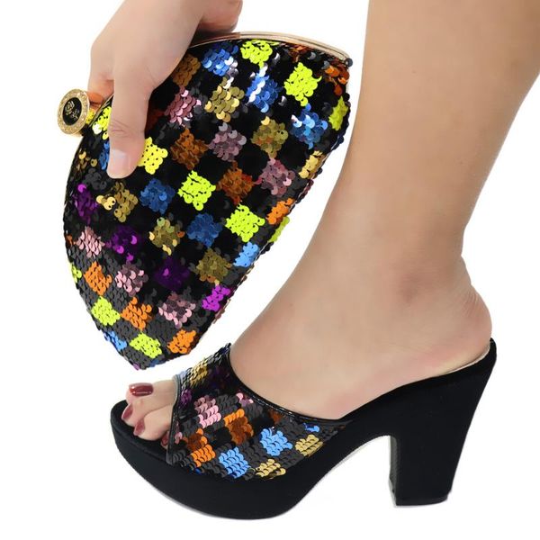 

dress shoes latest african women sequins and handbag set fashion ladies high heel pumps matching purse bag slippers cr2140 height 10cm, Black