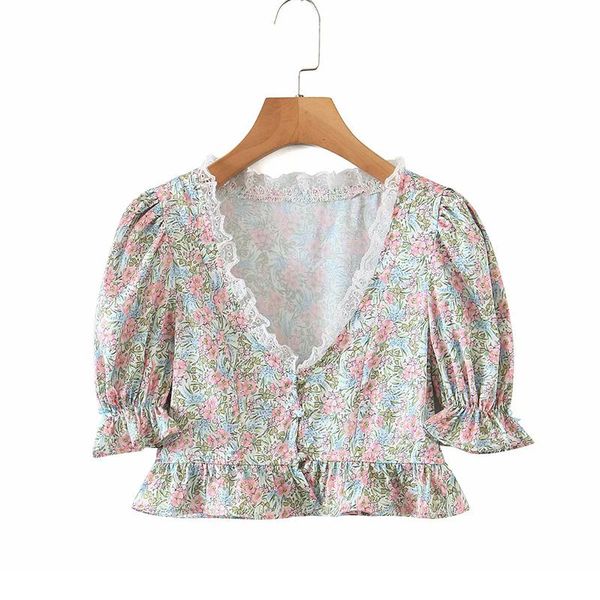 

women's blouses & shirts yenkye lace trim floral print crop women v neck short sleeve blouse shirt female holiday summer chic, White