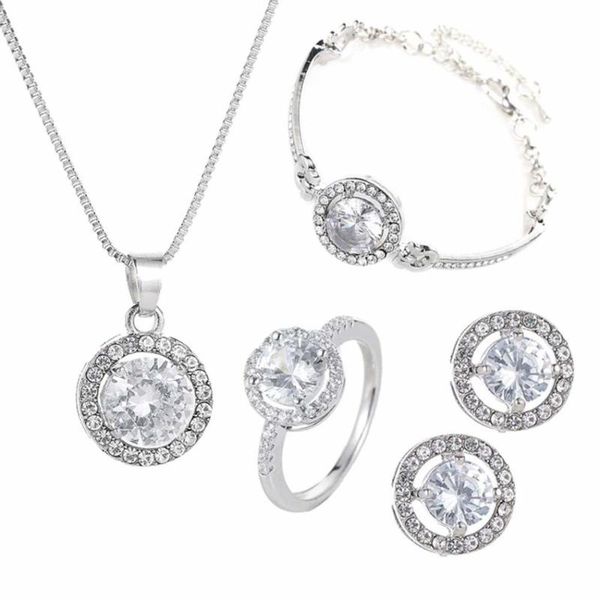 

earrings & necklace wedding bridal jewelry set round cubic zirconia bracelet ring, Silver