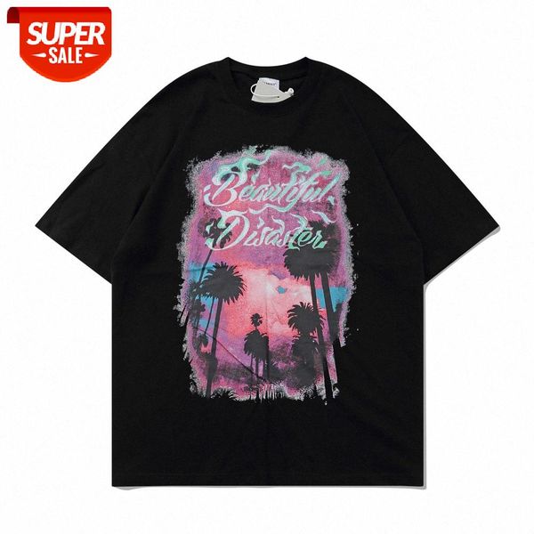 

american seaside landscape print short-sleeved t-shirt men's street loose round neck five-point sleeve #1715, White;black