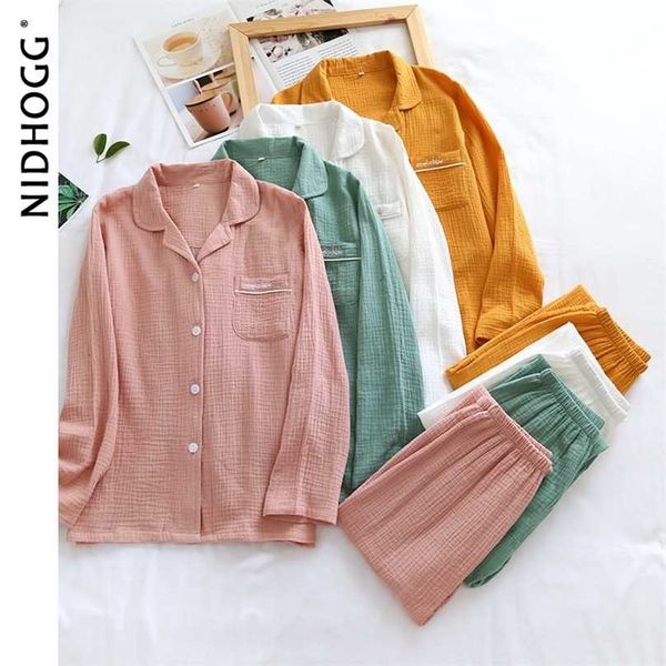 

couple's cotton crepe double layer gauze pajamas men and women large size sleepwear long sleeve solid pyjamas two piece set 211106, Black;red