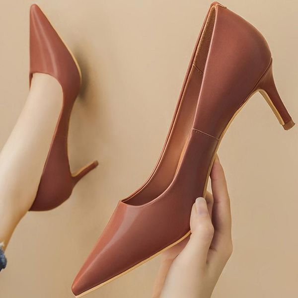 

dress shoes 2021 fashion women 6cm high heels lady pointed toe office pumps burgundy leather korean escarpins ol brown party, Black