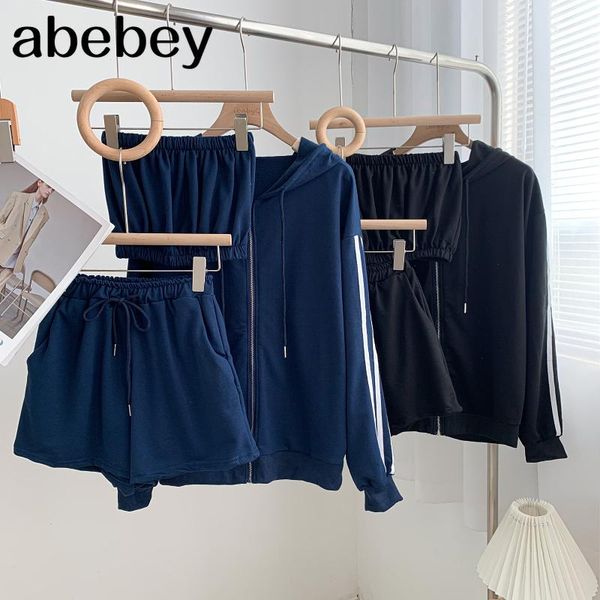 

women's tracksuits fashion hooded collar long sleeve zipper hoodie + high waist wide leg shorts with vest 3-piece set 2021 autumn winte, Gray