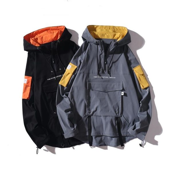 

mens patchwork streetwear bomber jackets harajuku hooded jackets coats male pockets korean hip hop windbreaker, Black;brown