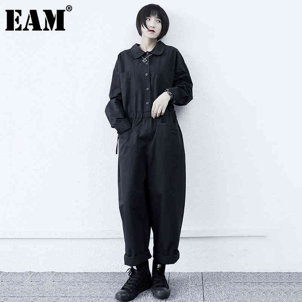 

[eam] loose fit women black pocket big size jumpsuit high waist pocket stitch pants fashion spring autumn 1dd6698 210512, Black;white