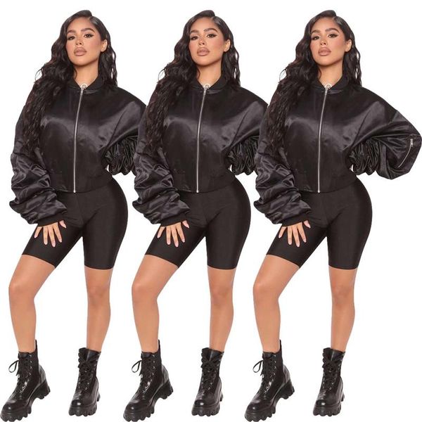 

women's vests all black zipper long sleeve crop and short 2 pieces set high street chic lady fashion women tracksuits, Black;white
