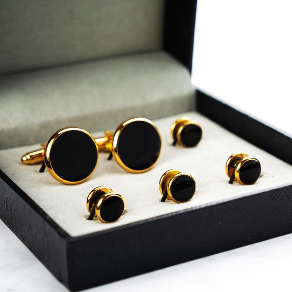 

luxury gold tuxedo cufflinks and studs black enamel round design cuff button set for mens suit french shirt business gift, Silver