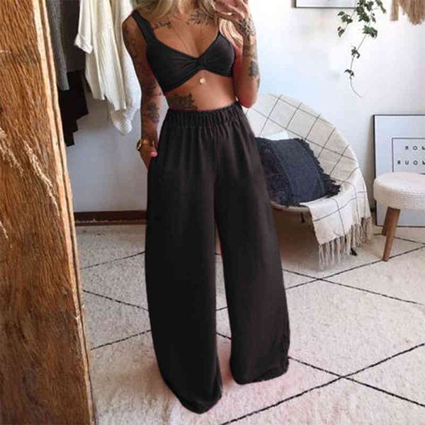 

crop wide leg long pants women's suit summer casual short tank trousers sets female streetwear lady 2 pieces set 210524, White