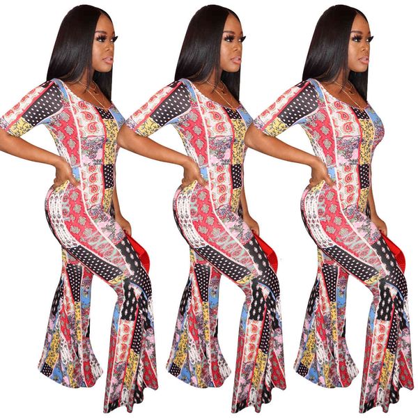 

arrivals women crew neck printed flare jumpsuits female summer casual bell pants short sleeves ny party rompers high quality, Black;white