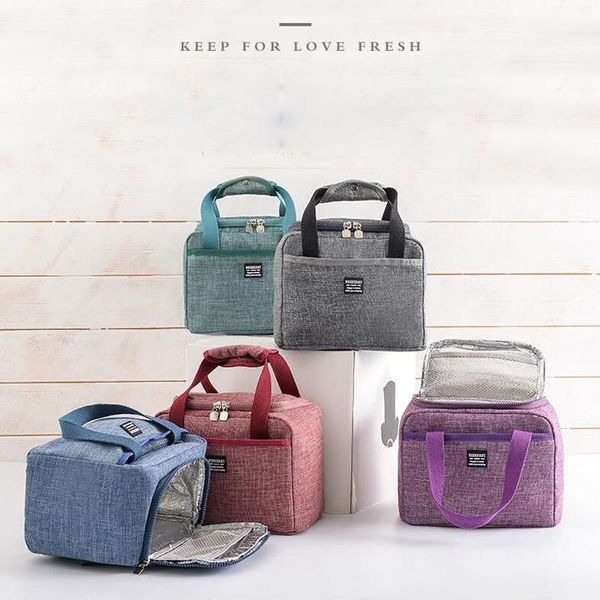 

functional pattern cooler lunch box portable insulated canvas bag thermal picnic for women kids organizer, Blue;pink