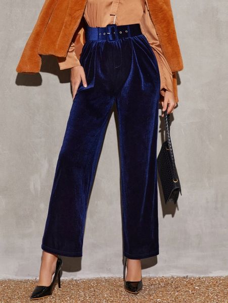 

high waist buckled belted velvet pants 25rc#, Black;white