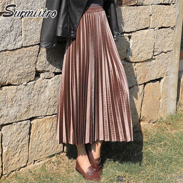 

surmiitro spring fashion s-3xl gold velvet elegant korean style women mid-length high waist midi pleated female skirt 210712, Black