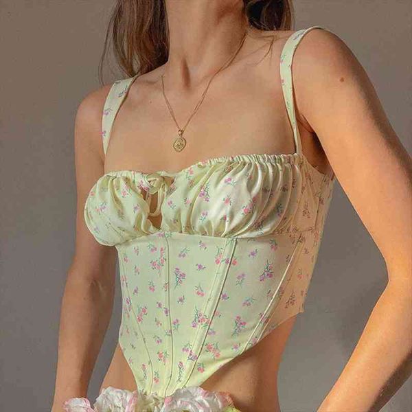 

missnight floral bandage corset women camis sweet hollow up tie crop summer sleeveless ruched casual, White