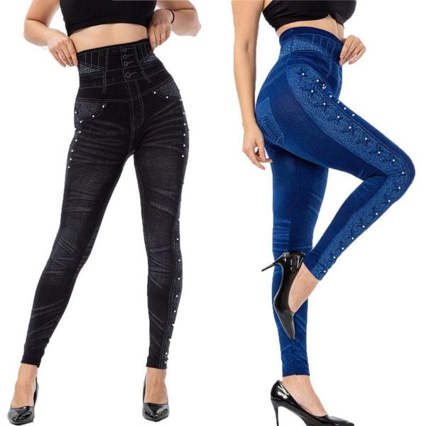

women faux jeans jeggings 2021 lady casual high waist denim slim pencil pants #410 women's & capris, Black;white