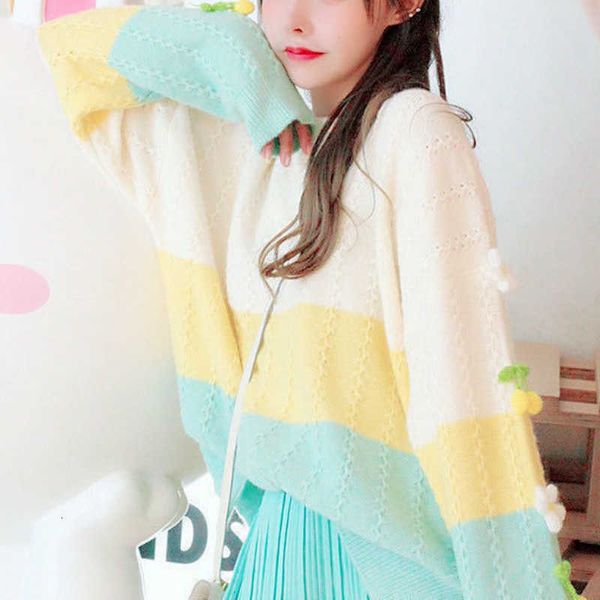 

women's sweaters striped women knitted kawaii pullover sweater patchwork cherry print korean clothes clothing autumn t2fk, White;black