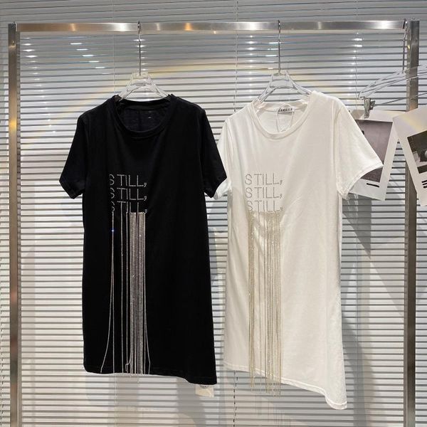 

women's t-shirt fabpop 2021 summer short sleeve o neck rhinestone tassel long t shirt women diamonds chain gb532, White