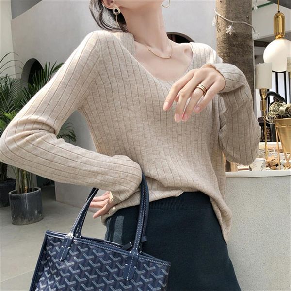 

autumn winter women knitted sweaters female pullover solid v neck elegant office lady casual all match, White;black