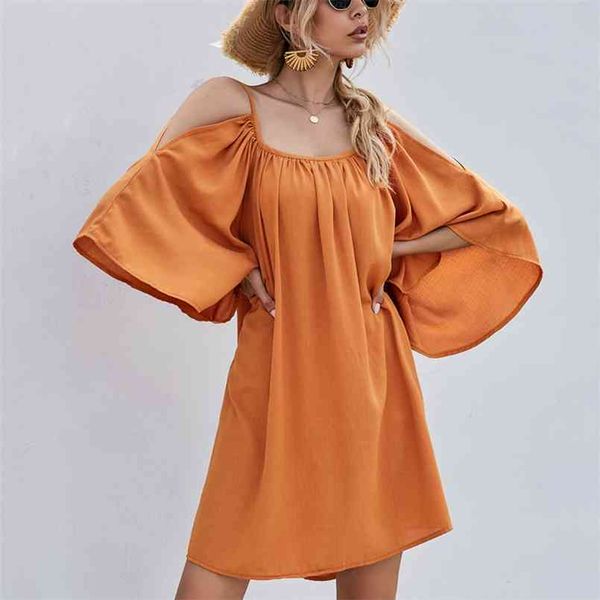 Sommer Strand Stil Chiffon rotes Kleid Damen Casual Bell Sleeve Off Shoulder Sexy Mini Frauen Vintage elegantes Kleid 210508