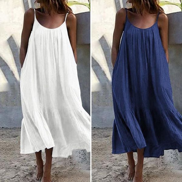 

summer midi low round neck womens dresses loose casual sling solid color for beach, Black;gray