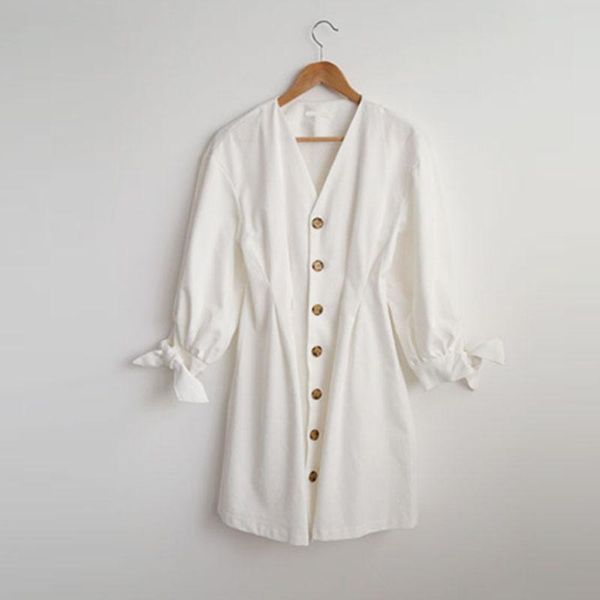 

casual dresses perhaps u white v neck button dress long sleeve solid pleat bow short mini d0619, Black;gray
