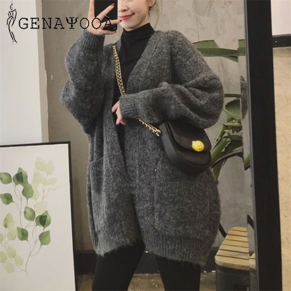 

genayooa korean casual knitting woman cashmere sweater loose coat open stitch autumn winter kimono cardigan 210417, White;black