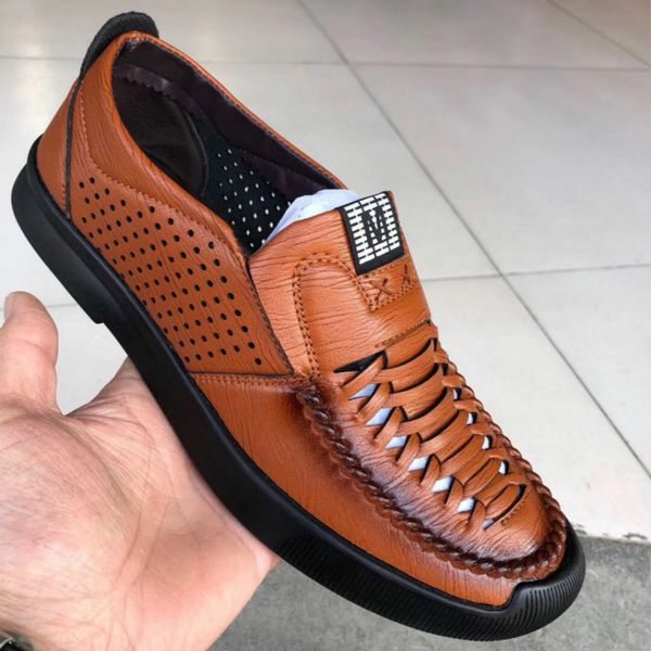 

464748 size 2020 summer mens sandals new hollow leather shoes formal wear business slip-on breathable cross-border trendy mens shoes hole sh, Black