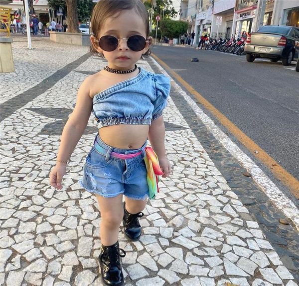 

clothing sets cool girl's two piece set kid's single shoulder crop denim shorts with pockets for children, White