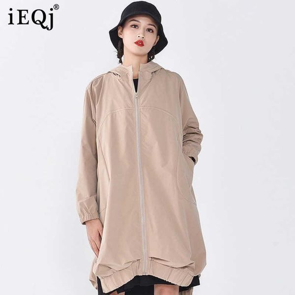 

women's trench coats ieqj women big size black jacket hooded long sleeve zipper loose fit fashion tide spring autumn 2021 3d0151, Tan;black