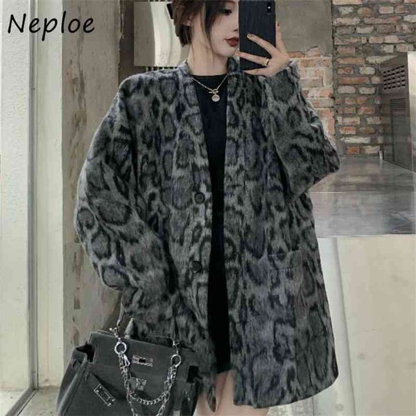 

autumn winter v-neck chic leopard women jackets korean single breasted coat fashion loose all-match femme 210422, Black;brown