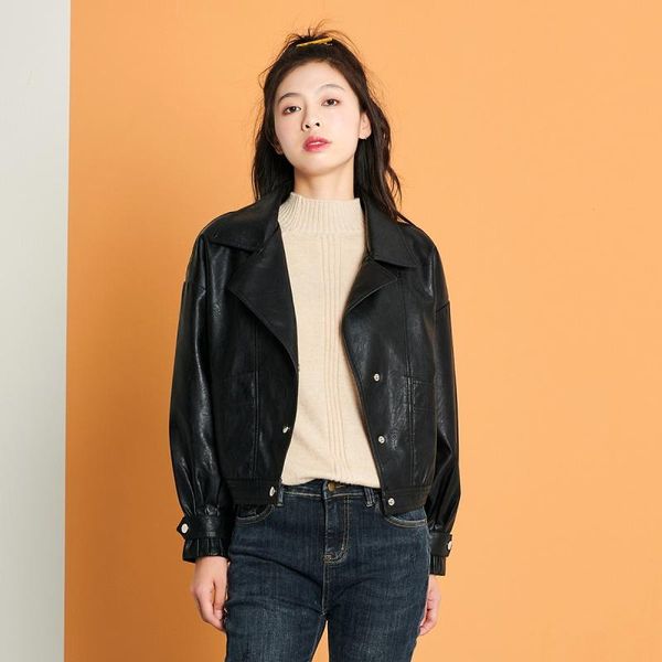 

women's leather & faux aibeautyer 2021 autumn casual single women loose windproof office lady outwear breasted big pocket soft jacket, Black