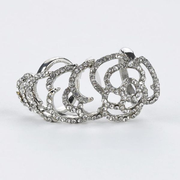 

cluster rings party hollowed out flexible rose style silver finger fashion shining joint rhinestone women ring, Golden;silver